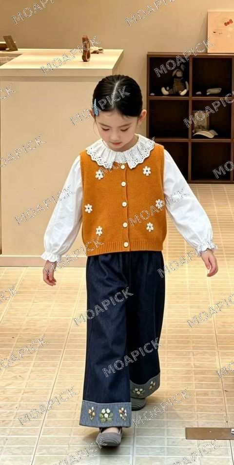 배색자수데님팬츠